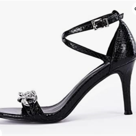 Coutgo Ankle Buckle Cross Strap Stiletto Sandals with Metal Chain Black Size 11 - Picture 2 of 12